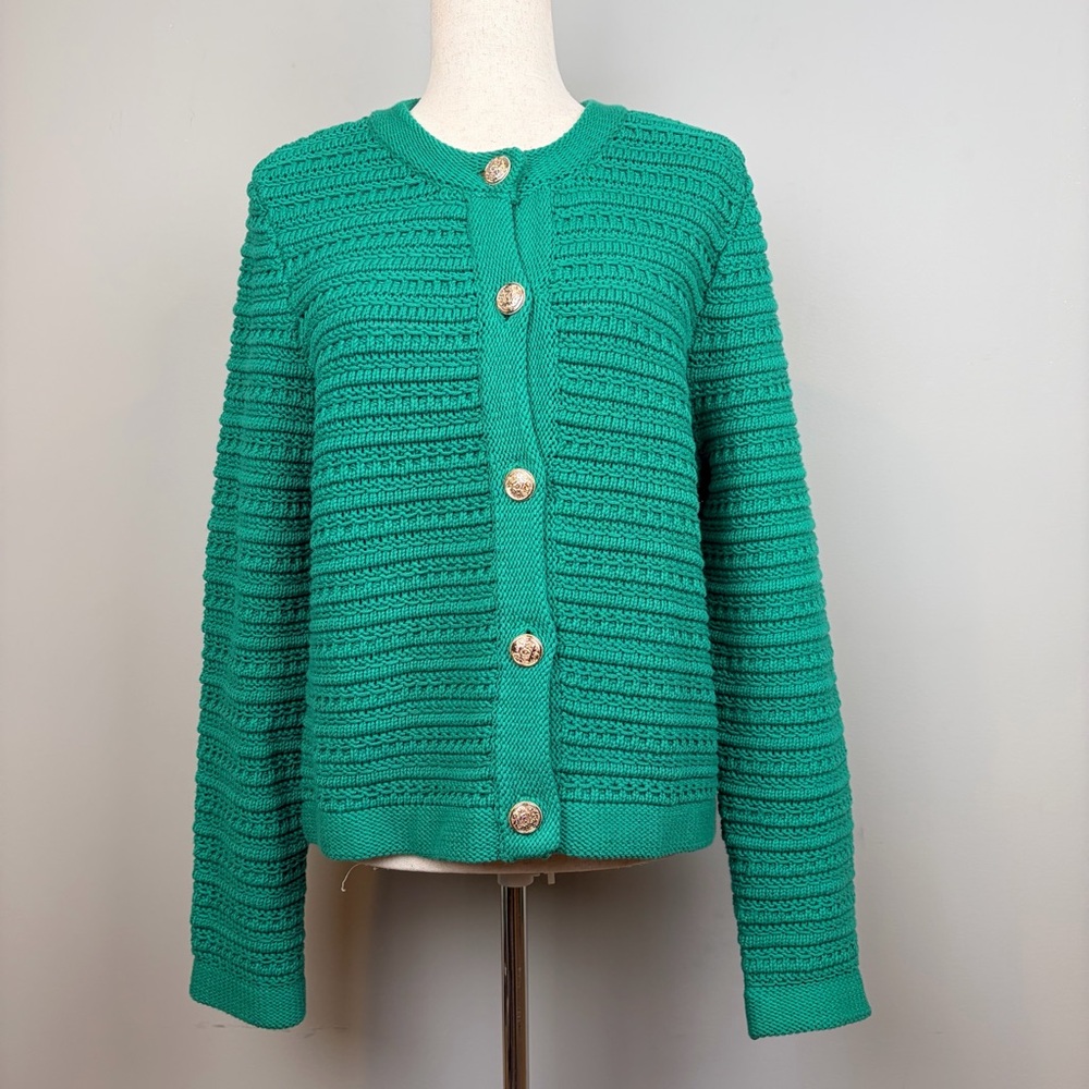 LOFT Green Textured Knit‎ Cardigan Sweater Gold Buttons XL